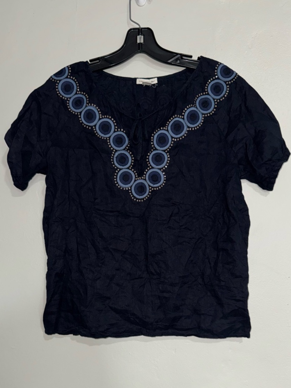 J. Crew Linen Navy Short-Sleeve Embroidered V-Neck Blouse